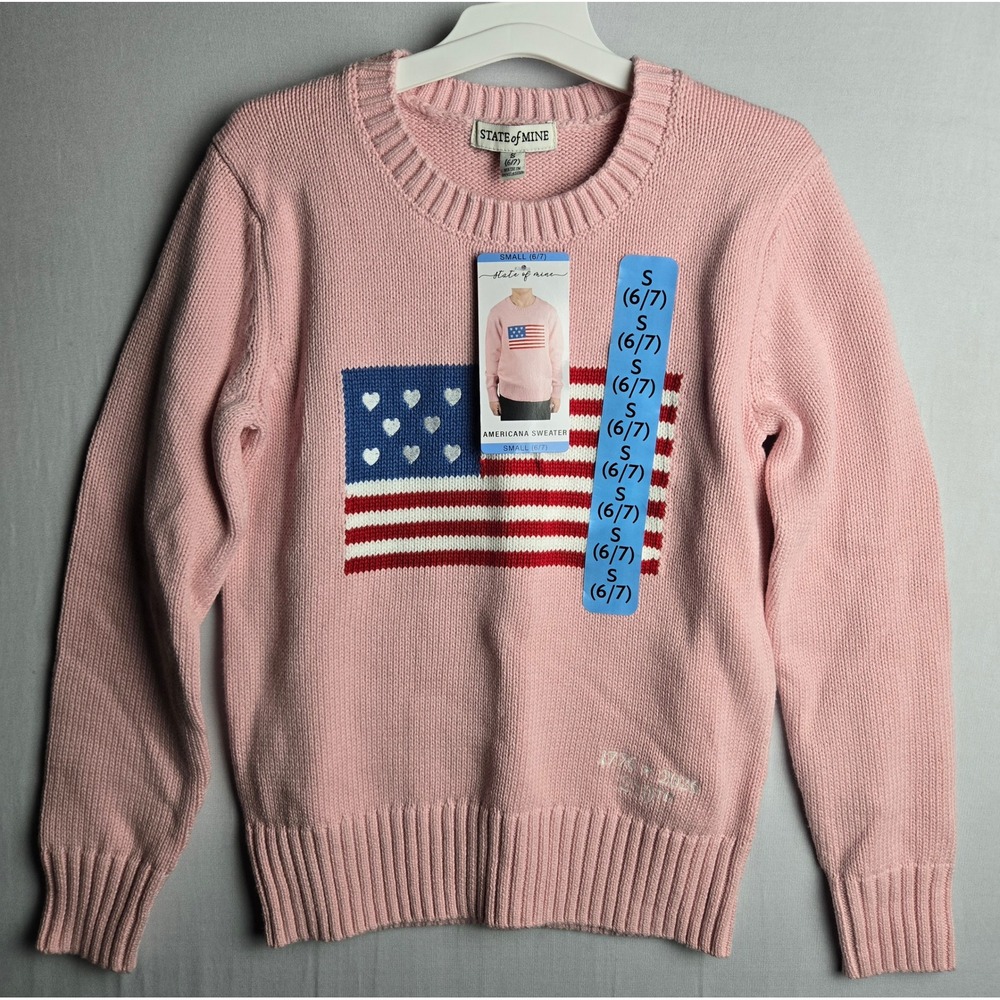 State of Mine Kids Pink Americana American Flag Heart Sweater Small 6/7 NWT